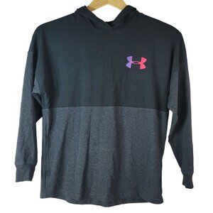 Under Armour Hoodie Top Black Youth Medium Neon Long Sleeve Spell Out Heatgear